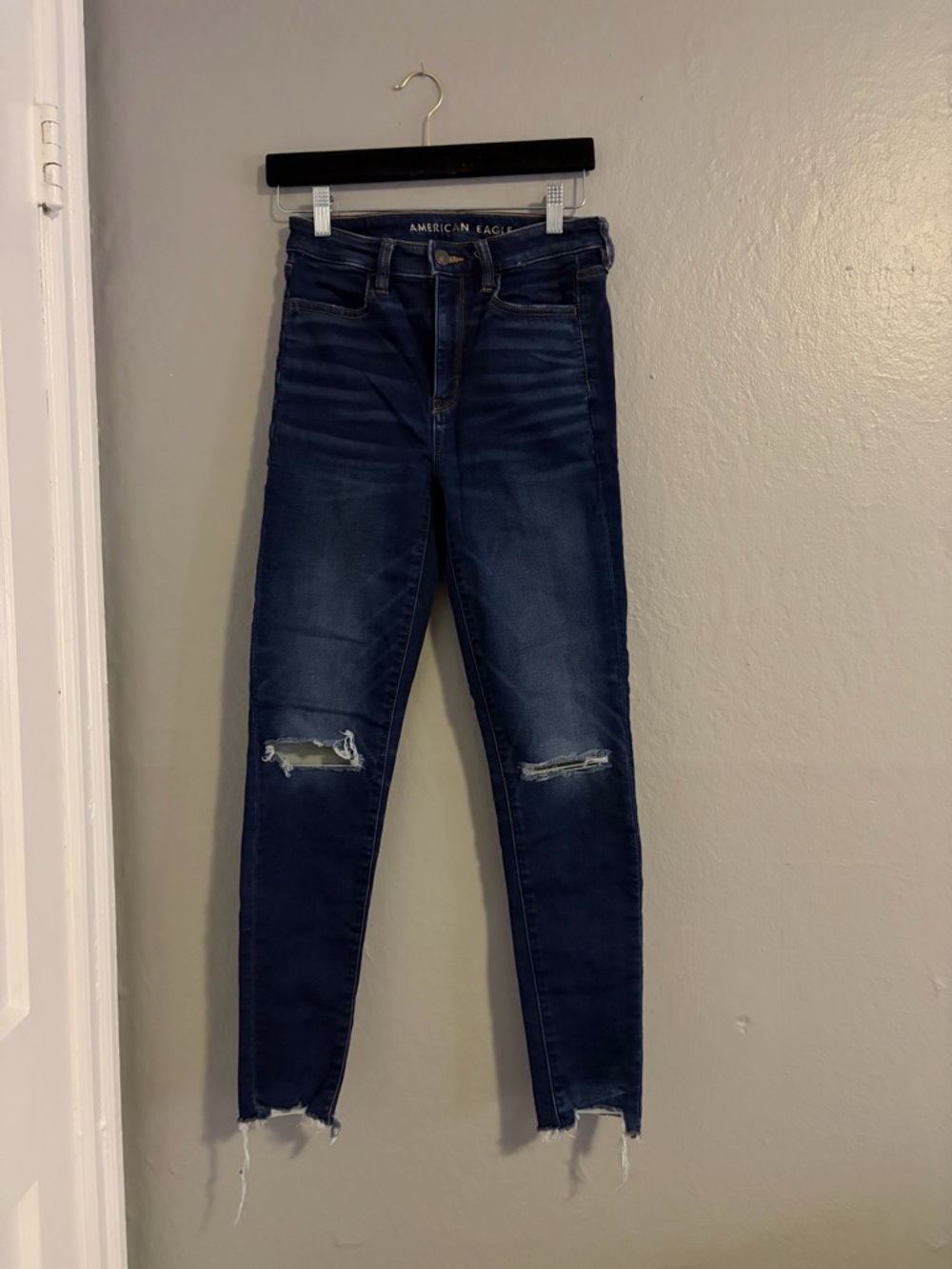 American Eagle Outfitters Dark Blue High-Rise Ripped Skinny Jeans